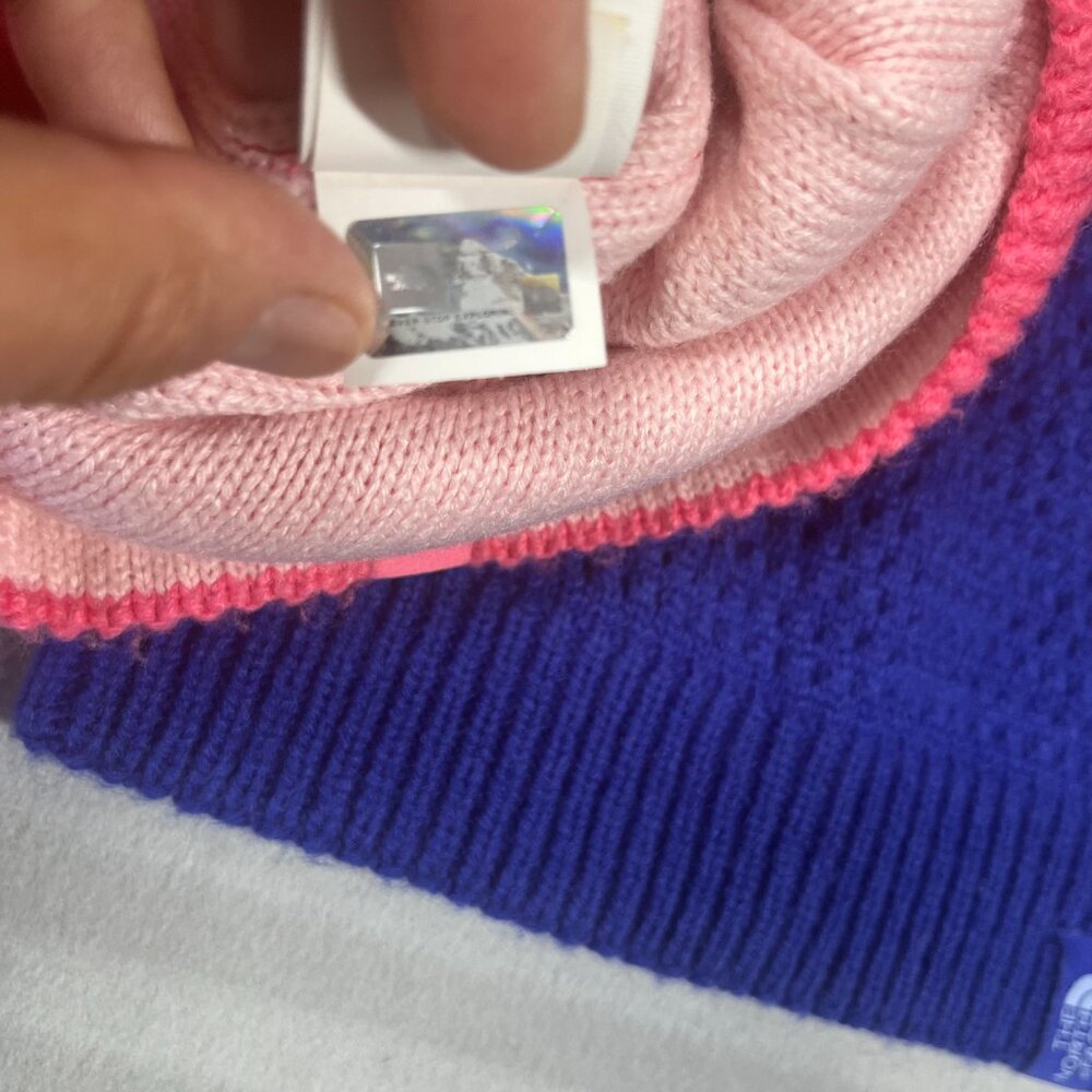 North Face Beanie Kids Medium Blue Pink Colorblock - Picture 5 of 7